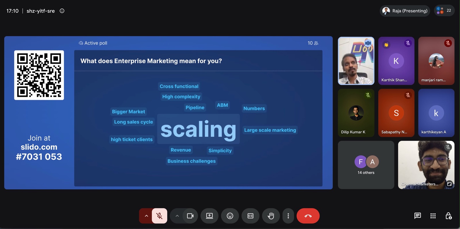 Opening Slido word cloud from the Beachhead session asking what enterprise marketing means, with scaling as the largest response