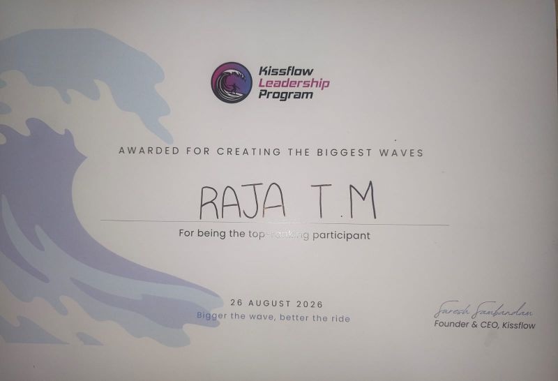 Kissflow Leadership Program certificate naming Raja T M as the top-ranking participant, dated 26 August 2026