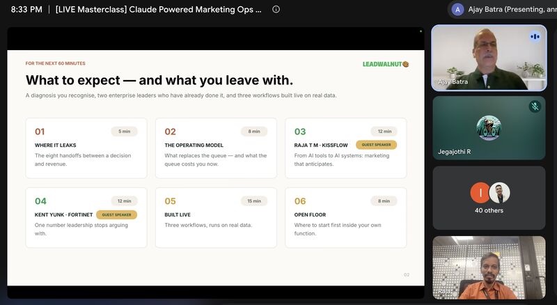 LeadWalnut live masterclass agenda showing Raja T M as guest speaker on moving from AI tools to AI systems, with more than 40 participants