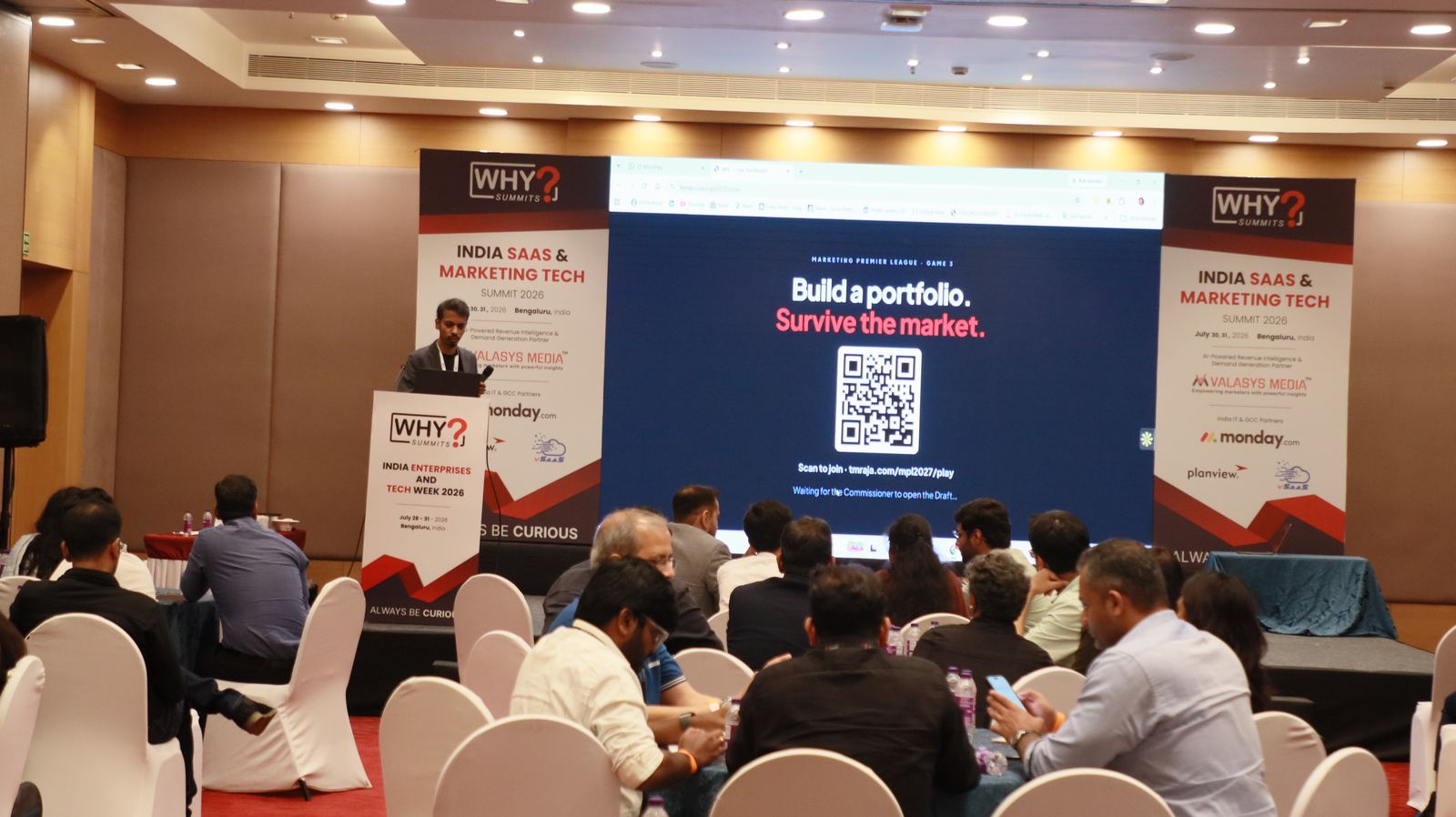 Live on screen at the India SaaS & Marketing Tech Summit 2026, Bengaluru — Marketing Premier League
